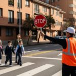 Estudiantes y profesoras pasando una avenida en el contexto de mejora de infraestructura educativa de un plan de movilidad escolar