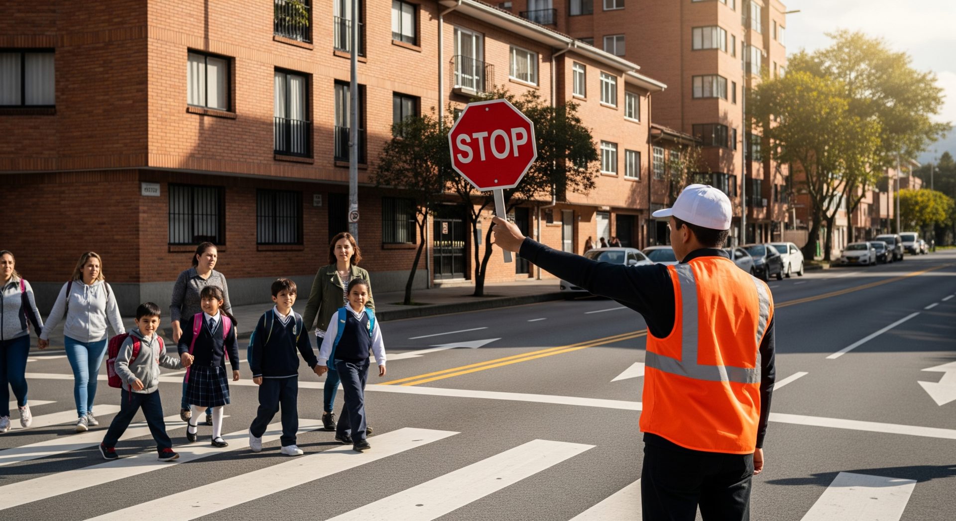 Estudiantes y profesoras pasando una avenida en el contexto de mejora de infraestructura educativa de un plan de movilidad escolar